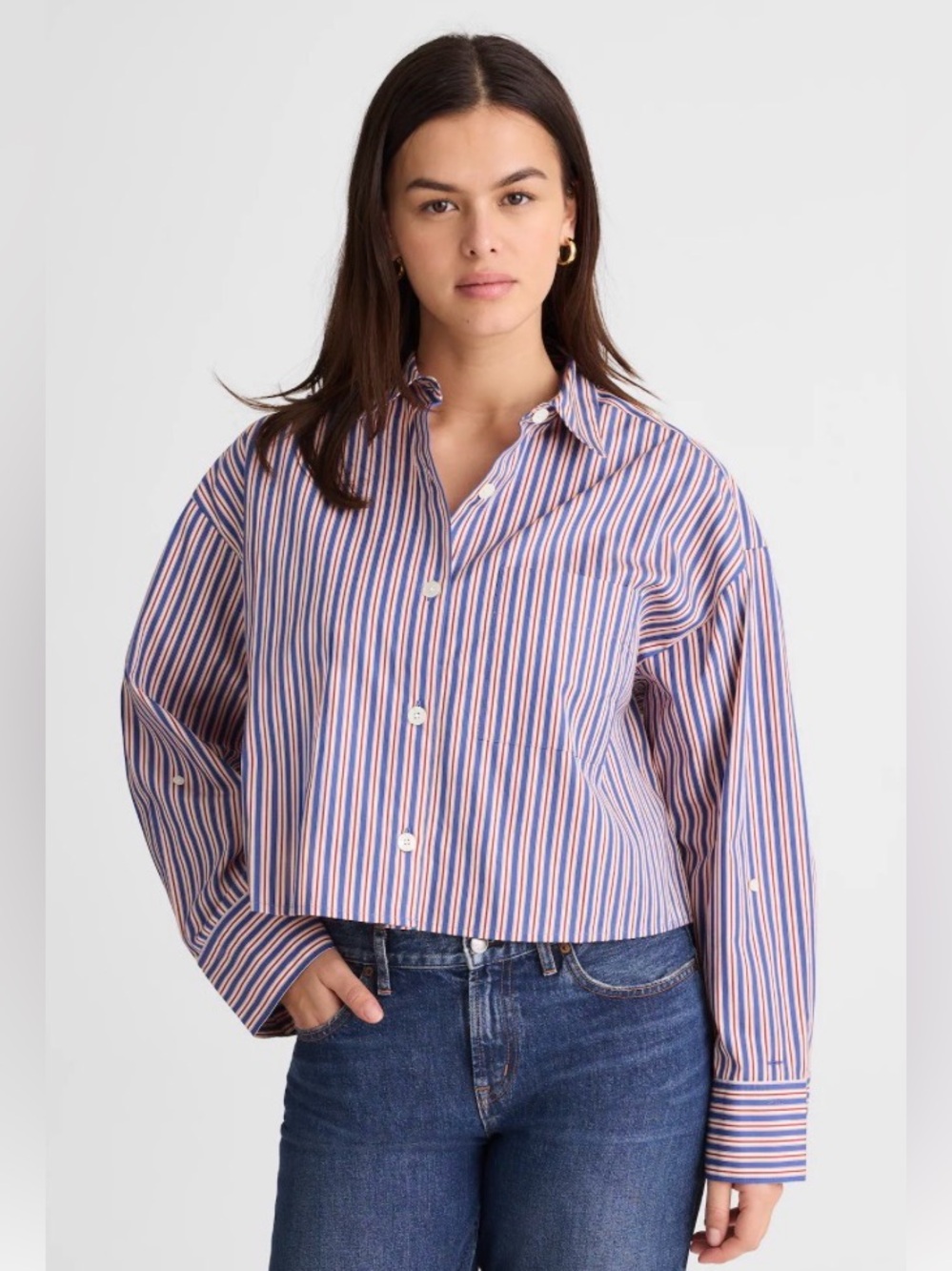 Madewell Red and Blue Striped Cropped Straight-Hem Shirt